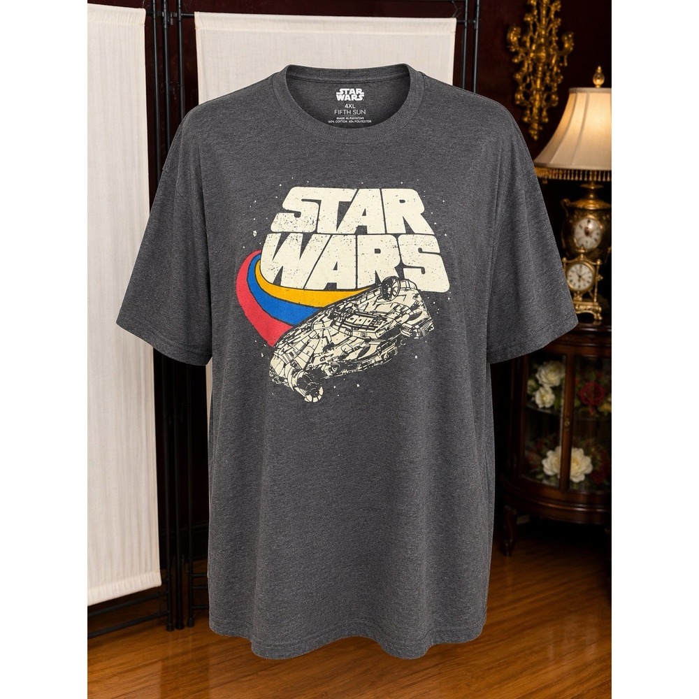 Star Wars Millennium Falcon Retro Graphic T-Shirt Men's 4XL Fifth Sun Gray
